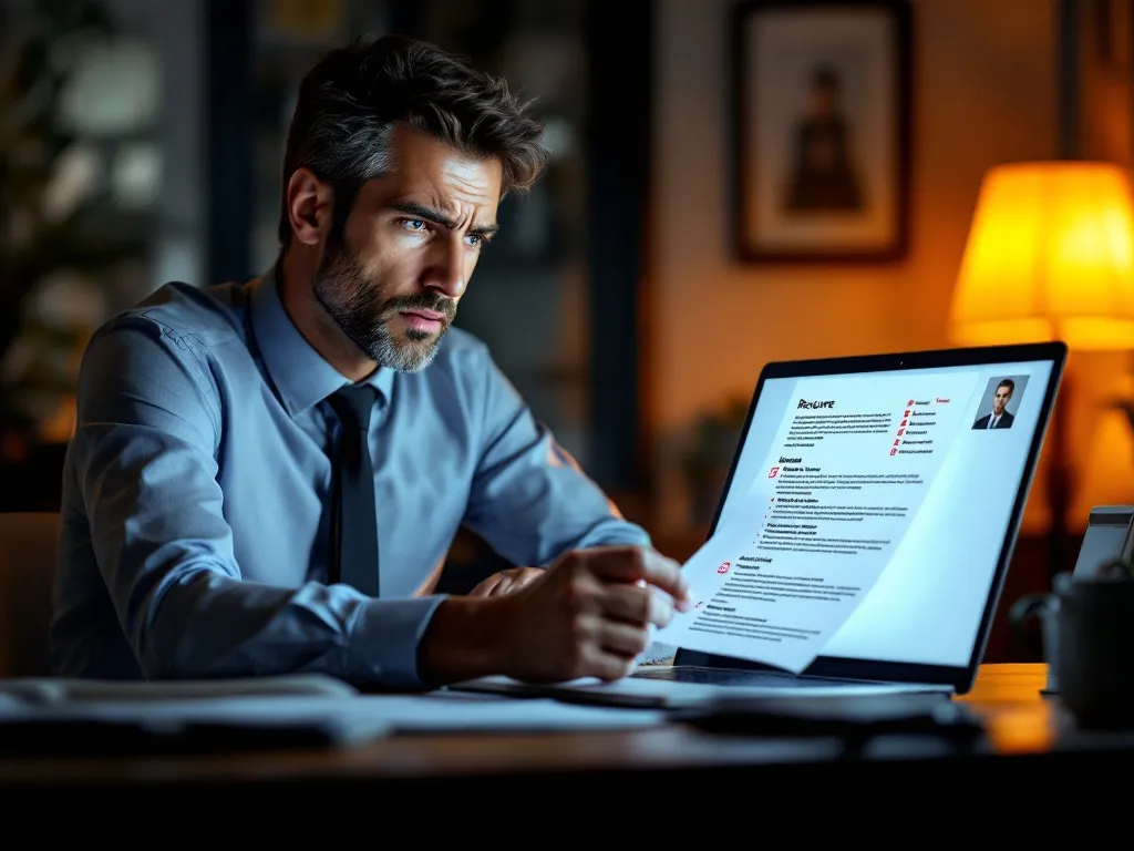 A professional workspace where a person is reviewing a resume with a concerned expression, considering how ResuFit could help optimize their application for better job search results.