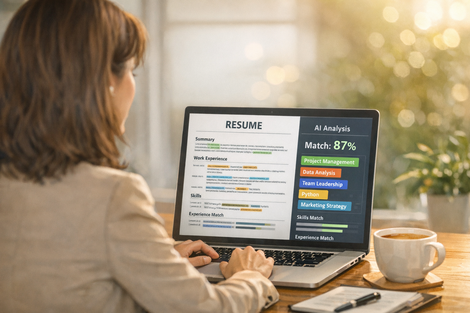 Interfaz digital mostrando análisis de IA de un currículum con indicadores de puntuación y palabras clave resaltadas