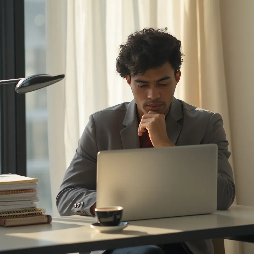 Un professionnel réfléchi regardant l'écran d'un ordinateur portable avec une expression contemplative, assis dans un espace de travail moderne.