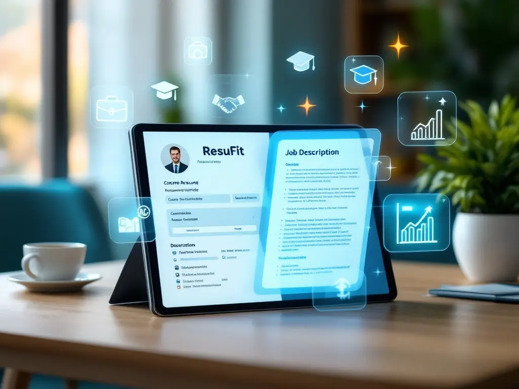 Un espace de travail propre et moderne avec, au centre, une tablette affichant l'interface ResuFit. L'écran de la tablette est divisé en deux parties : à gauche, un modèle de CV professionnel rempli en temps réel avec des informations personnelles ; à droite, une description de poste avec des phrases clés en surbrillance. Autour de la tablette flottent des projections holographiques de diverses icônes liées à la carrière : une mallette, une poignée de main, une casquette de diplômé et un graphique ascendant. 